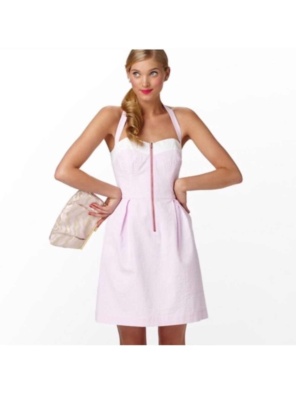 Pink and White Seersucker Halter Dress